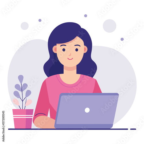 Young woman with laptop smiling while working in a flat illustration vector design