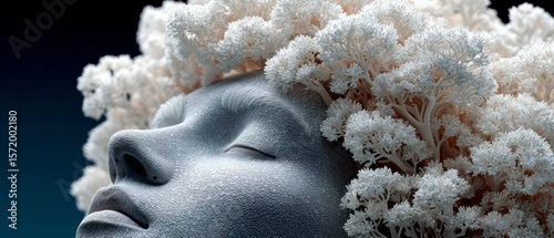 Close up of a stylized stone face emerging from white coral like structures