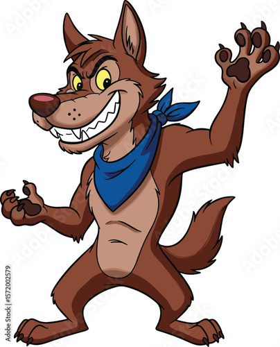 Cartoon angry wolf character with bandana, standing pose, sharp claws, yellow eyes, villain expression, mascot style, animated, funny, vector