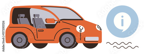 Orange compact car with clear windows near i sign for information and wavy lines evoking mobility, knowledge, and assistance. Ideal for transportation, services, innovation, technology, guidance