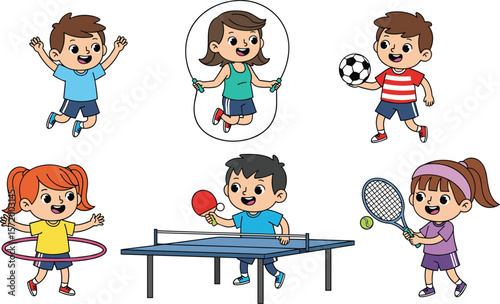 Cartoon children playing sports, kids activities vector, fun exercise illustration, table tennis, soccer, tennis, hula hoop, jump rope game