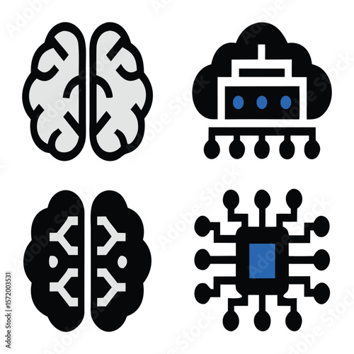 Artificial Intelligence and Neural Chip Icons Bold Vector Set