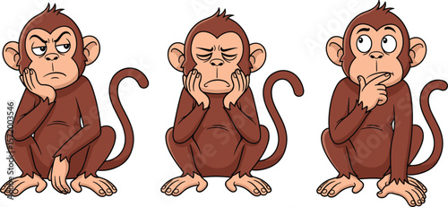 Cartoon monkeys thinking, bored, and sleepy, expressive faces, sitting monkeys, emotional chimpanzees, isolated characters, vector illustration, funny primate behavior concept