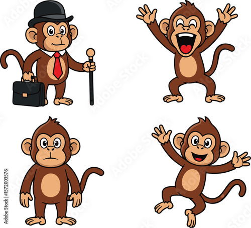 Cartoon monkeys in different poses, funny expressions, business monkey, playful character, vector animals, cute primates, comic jungle characters, digital illustration