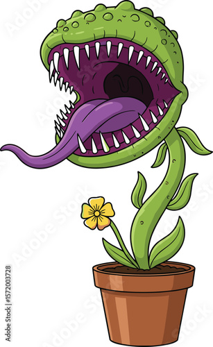 Cartoon monster plant in pot with sharp teeth and long tongue, green venus flytrap style, flat vector illustration