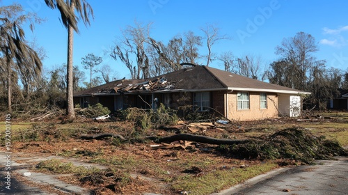 Damaged house after hurricane, debris, trees, clear sky. Possible use Stock photo for disaster, storm, environmental damage