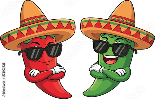 Cartoon red and green chili peppers with sombreros and sunglasses, Mexican food characters, funny spicy vegetables, cultural fiesta illustration