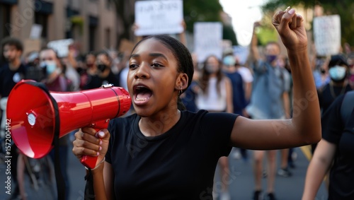 Young African American woman powerfully shouts into a red megaphone during a protest march, surrounded by other demonstrators holding signs.
