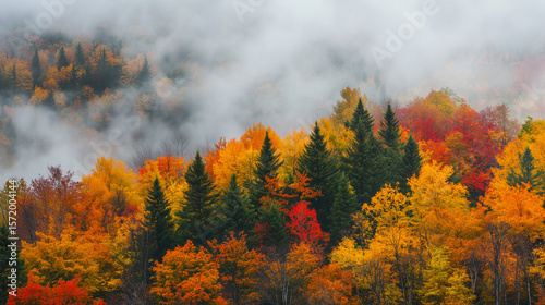 Foggy forest in early fall for wallpaper