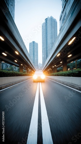 Car headlights illuminate an elevated highway leading through a cityscape with tall buildings