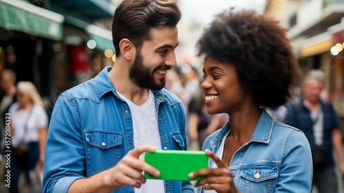Urban Couple Engaged in Mobile Device Interaction