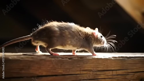 Rat in Attic with Dark Wood Beam.