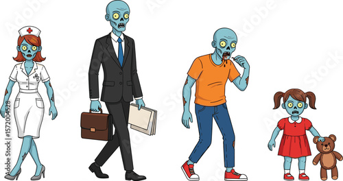 Cartoon zombie family illustration, undead nurse, businessman, child, horror characters, Halloween theme, scary infected people, walking dead concept, creepy group
