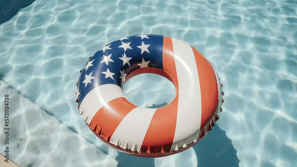 American flag patterned inflatable ring floating in clear pool water
