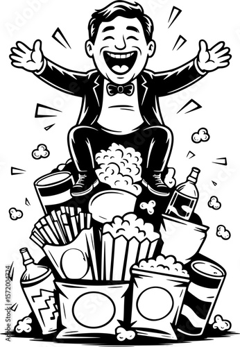 a bold linocut silhouette of a gleeful figure reigning over a low-poly snack mountain, perfect for food-themed art, posters, and festive designs