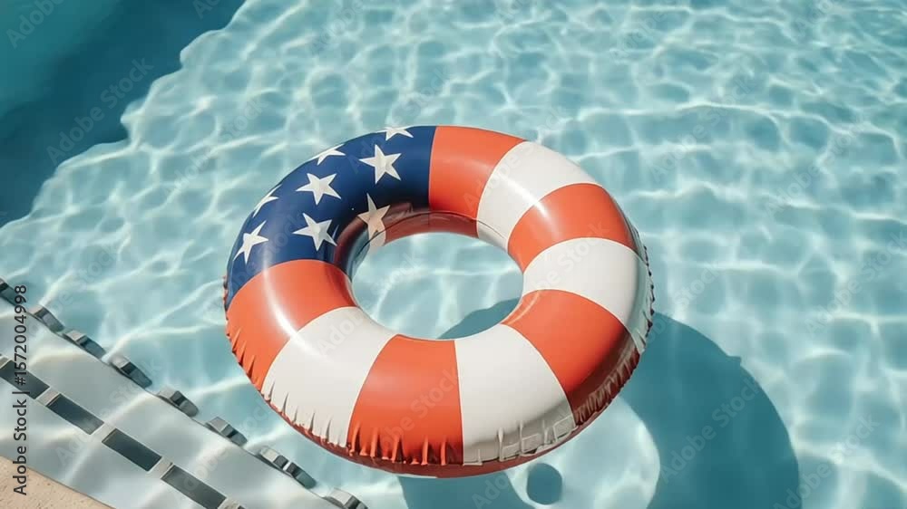 American flag themed inflatable ring floating in a swimming pool