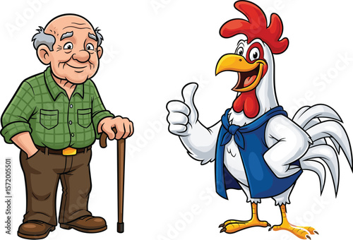 Funny cartoon of smiling old man and thumbs up rooster, vintage style characters, vector illustration, farm humor, senior and animal