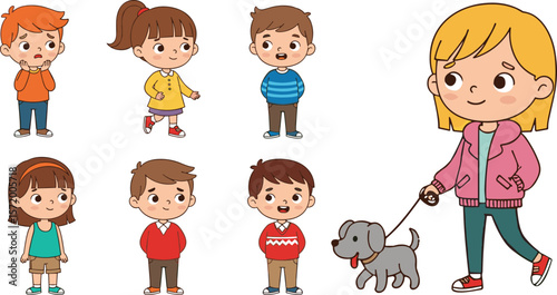 Group of cartoon kids, walking girl with dog, cute children illustration, diverse expressions, happy childhood, outdoor activity, friendship, pet care