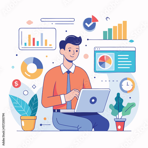 Business professional analyzing financial data on a laptop computer with charts and graphs illustration.