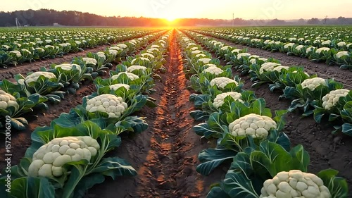 Lush cauliflower field at sunrise with vibrant rows and distant trees under a clear sky