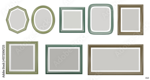 Set of green modern frame isolated on white background. Realistic rectangle, circle, oval Photo green frames mockup. Classic Borders set for painting, and photo gallery. 3d vector illustration.