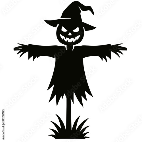 Halloween Pumpkin Jack-O-Lantern Scarecrow Silhouette with Witch Hat – Line Art Vector