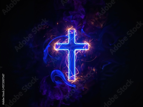 Modern Neon Glowing Cross with Blue Light and Smoke on Dark Background: Abstract Religious and Spirituality Design