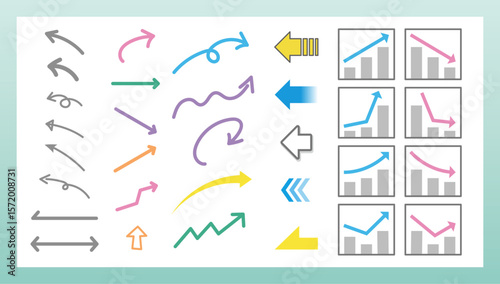 パステル調の矢印とグラフアイコンセット、ビジネスやプレゼン資料に最適なベクター素材｜矢印,グラフ,パステル,ビジネス,分析