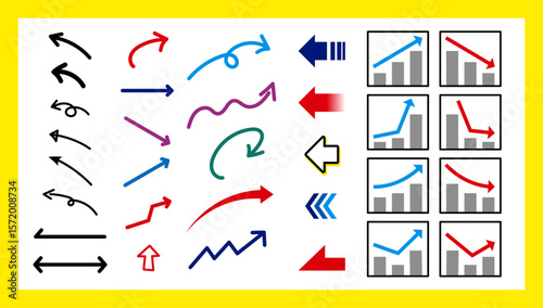 ビジネス資料やプレゼンに使える多様な矢印とグラフのベクターセット｜矢印,グラフ,ビジネス,データ,分析,成長,下降,上昇,アイコン