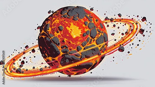 Fiery Volcanic Planet with Glowing Orange Ring Orbiting in Space