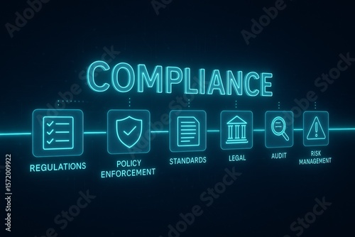 Digital Compliance Framework with Regulations, Policy Enforcement, Legal Standards, and Risk Management Icons
