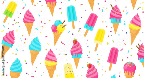 Colorful Ice Cream and Popsicle Seamless Pattern Design.