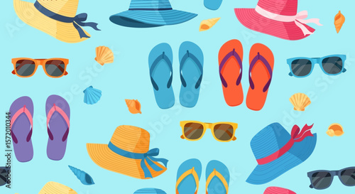 Colorful Summer Fashion Accessories Pattern with Hats Sunglasses and Flip-Flops.