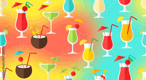 Colorful Tropical Cocktails: Red Yellow Green and Blue Drinks with Garnishes and Umbrellas.