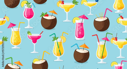 Tropical Cocktail Pattern with Coconuts Straws and Umbrellas on Blue Background.