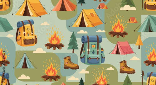 Camping Pattern with Tents Backpacks Bonfires Trees and Boots.