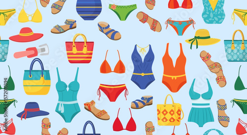 Colorful Summer Beachwear Collection: Bikinis Swimsuits Bags and Sandals.