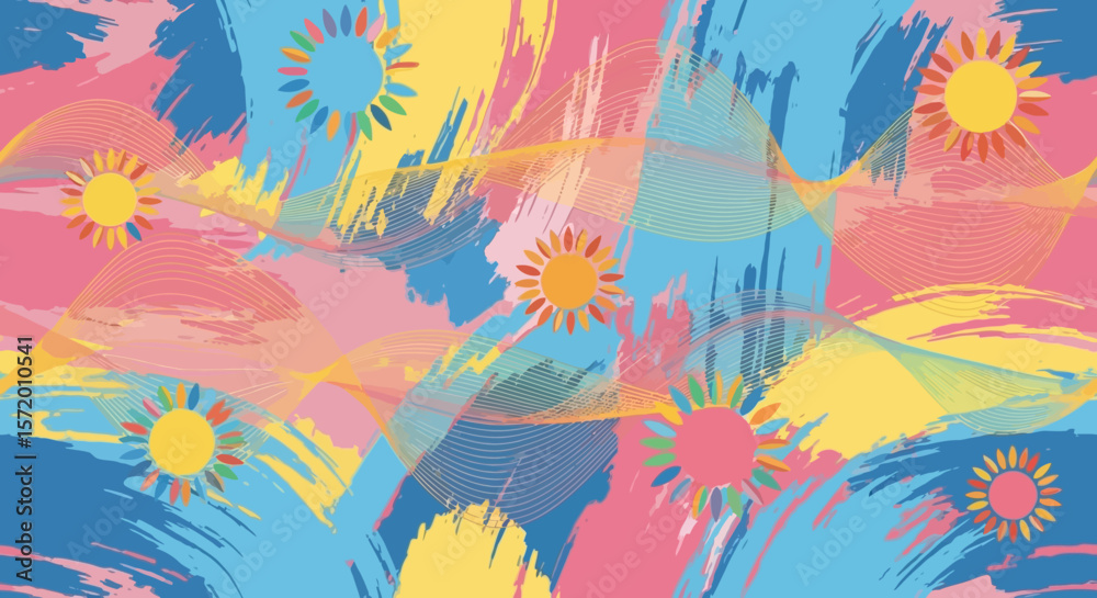 Fototapeta premium Colorful Abstract Sun Designs with Brushstrokes and Wavy Lines Artistic Composition.