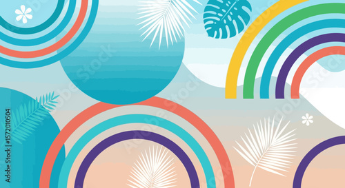 Abstract Summer Design with Colorful Arcs Leaves and Circles.