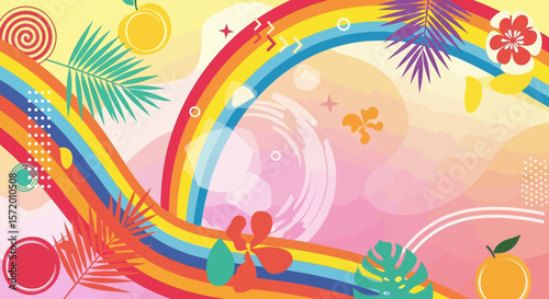 Vibrant Rainbow Abstract with Tropical Floral and Leaf Designs.