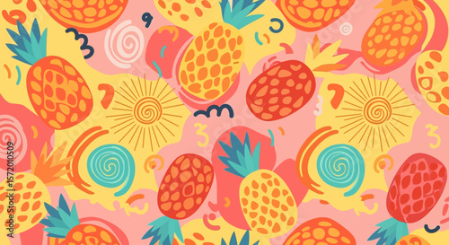 Vibrant stylized pineapples with textured skin varying colors and unique leaf designs.
