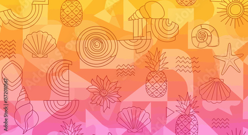 Abstract Summer Pattern with Pineapples Shells and Geometric Shapes.
