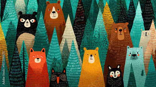 Whimsical Forest with Bears and Animals - Colorful Illustration
