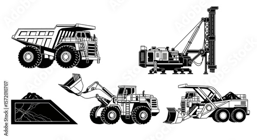 Large Black and White Dump Truck Illustration with Detailed Tires and Body.
