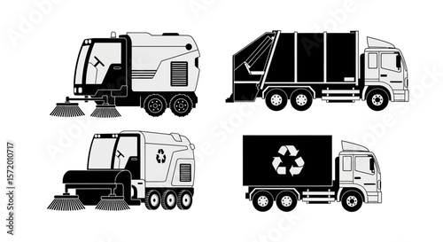 Vector Illustration of a Street Sweeper with Rotating Brushes Black and White.
