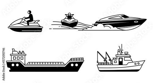 Black and White Illustration of Various Watercraft: Jet Ski Speedboat Cargo Ship and Fishing Vessel.
