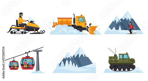 Winter Sports Vehicles and Activities in Snowy Mountains.
