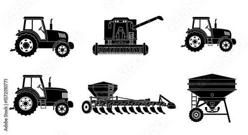Black and White Agricultural Machinery Silhouettes: Tractors Combine Harvester and Seed Drill.