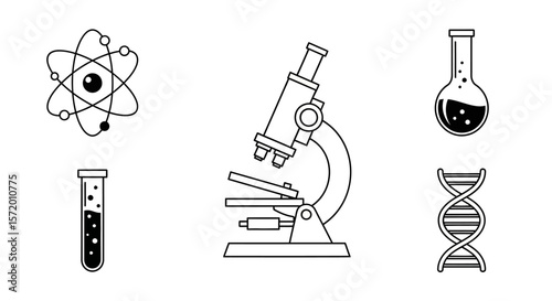 Science Icons: Atom Microscope Flask Test Tube and DNA Strand in Black and White.