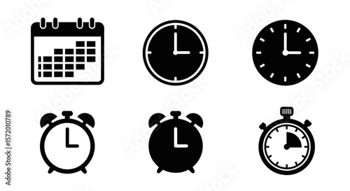 Collection of Black Time Management Icons: Calendar Clocks Alarm Clocks Stopwatch.